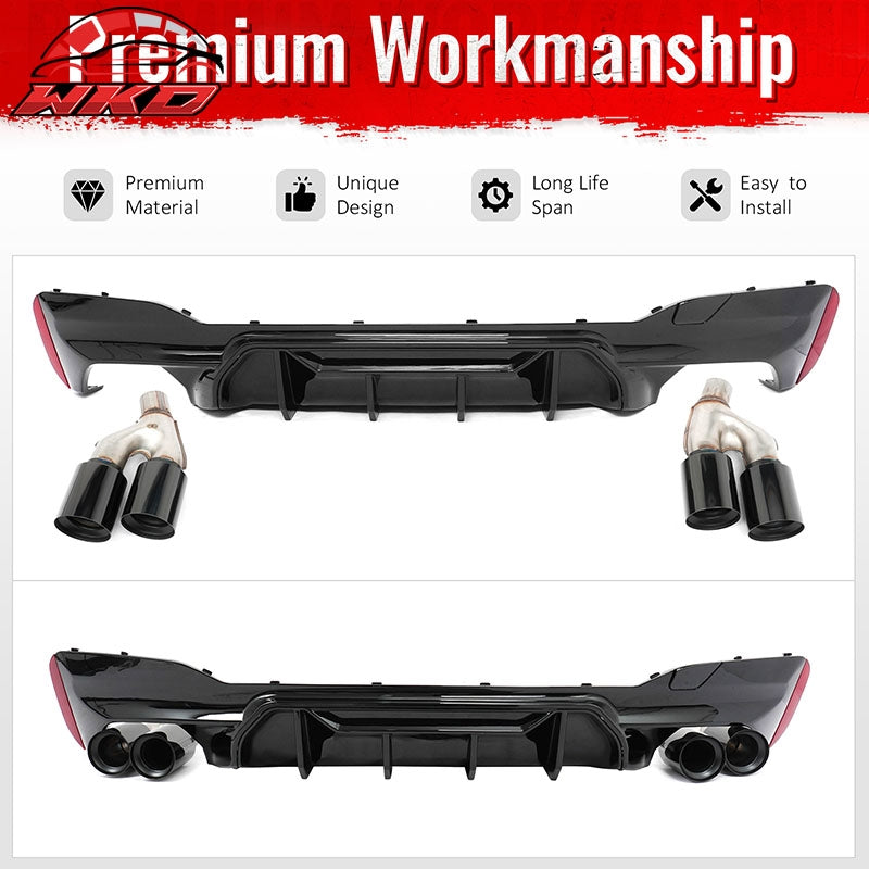 Fits 21-23 BMW G30 Gloss Black Rear Diffuser M5 MP Style + Black Quad Exhaust
