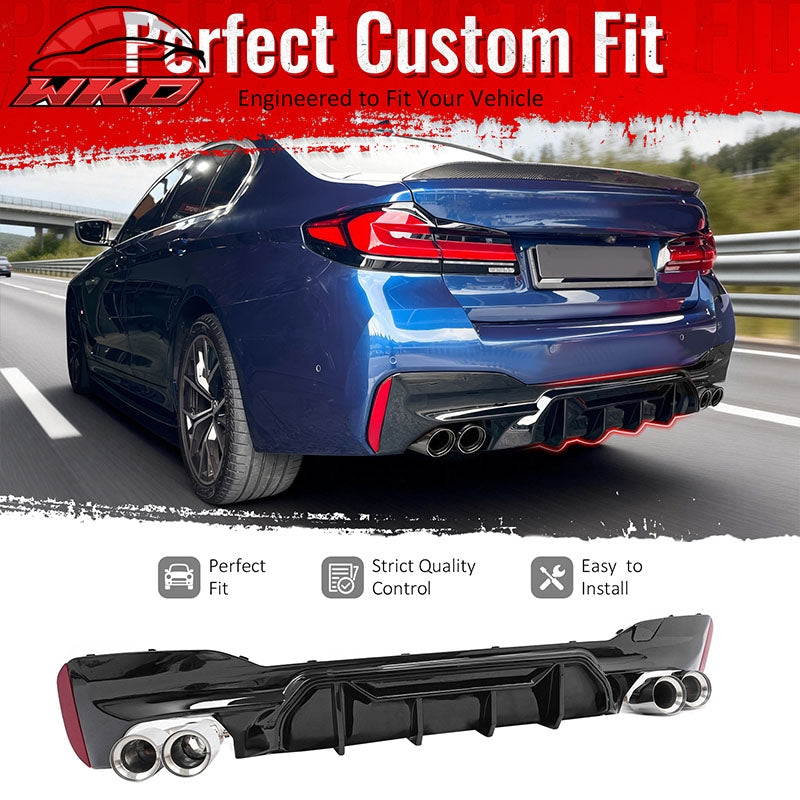 Fits 17-20 BMW G30 Gloss Black Rear Diffuser M5 MP Style + Silver Quad Exhaust