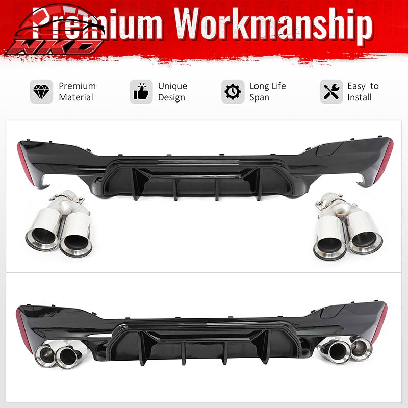 Fits 17-20 BMW G30 Gloss Black Rear Diffuser M5 MP Style + Silver Quad Exhaust