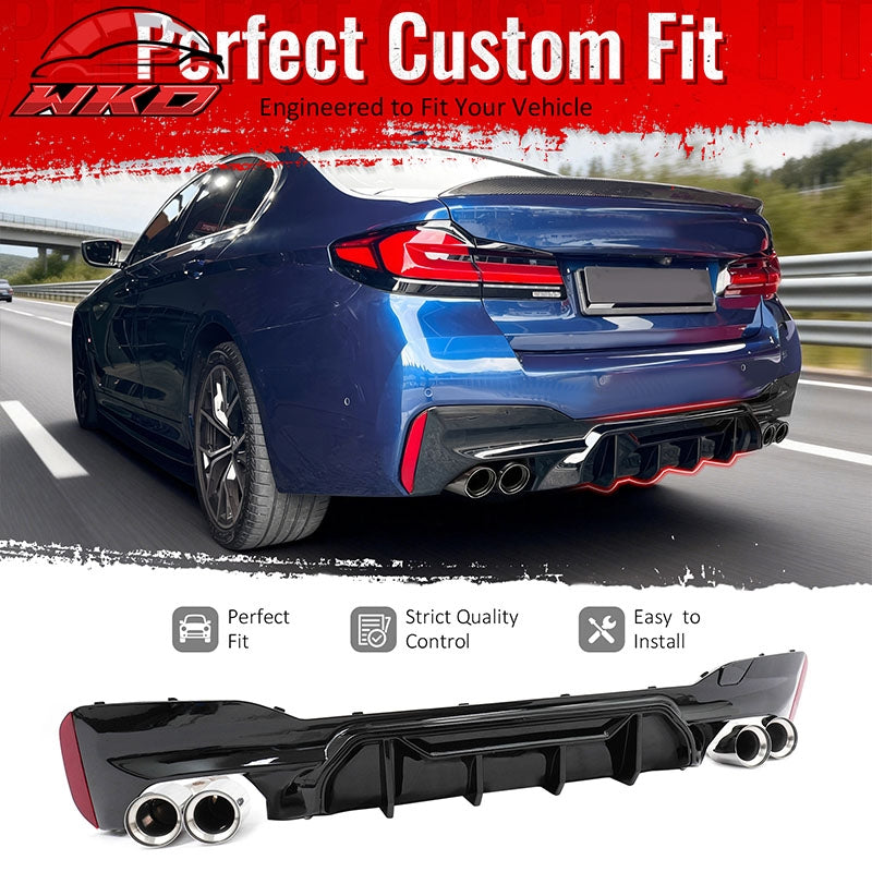 Fits 21-23 BMW G30 Gloss Black Rear Diffuser M5 MP Style + Silver Quad Exhaust