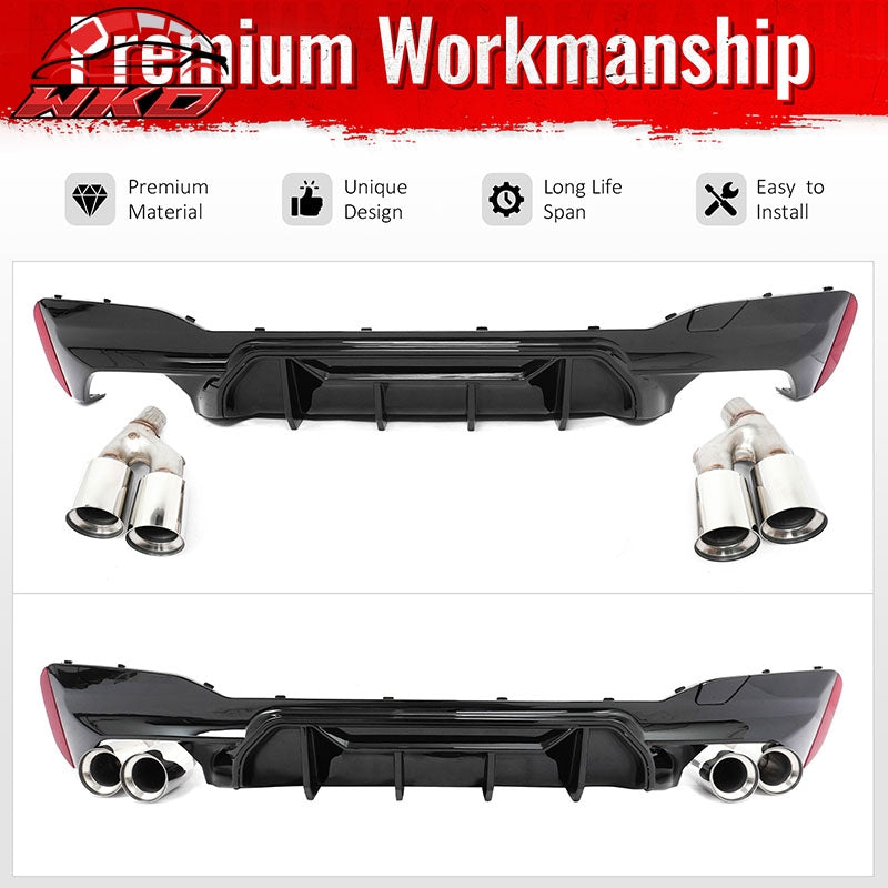 Fits 21-23 BMW G30 Gloss Black Rear Diffuser M5 MP Style + Silver Quad Exhaust