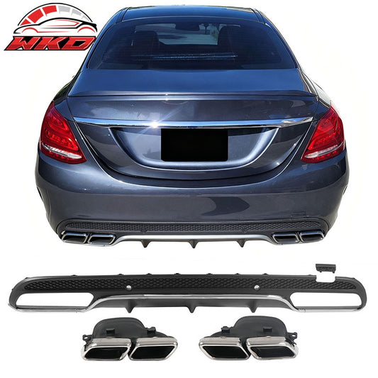 Wholesale 15-21 Benz C-Class C300 C400 C63 Black Rear Diffuser + Silver Exhaust Tips - Wikond Auto