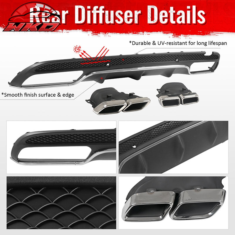 Fits 15-21 Benz C-Class C300 C400 C63 Black Rear Diffuser + Silver Exhaust Tips