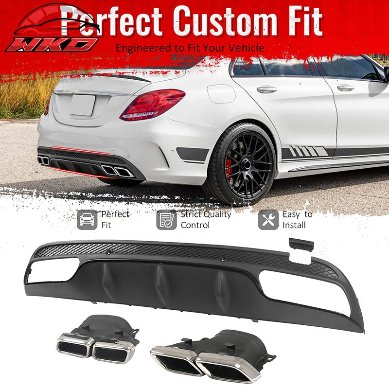 Fits 15-21 Benz C-Class C300 C400 C63 Style Rear Diffuser + Silver Exhaust Tips