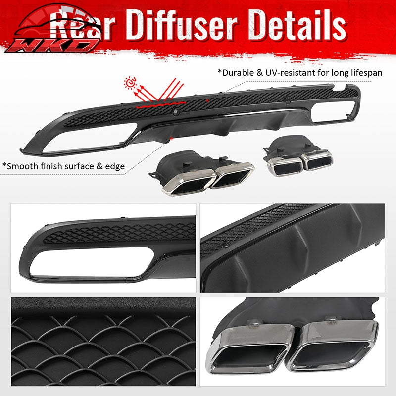 Fits 15-21 Benz C-Class C300 C400 C63 Style Rear Diffuser + Silver Exhaust Tips