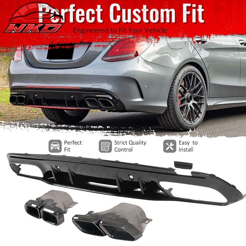 Fits 15-21 Benz C-Class C300 C400 2019 Facelift C63 Rear Diffuser + Exhaust Tip