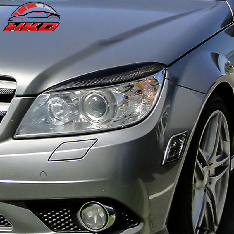 Fits 07-10 Benz C-Class W204 2PCS Front Headlight Eyelid Eyebrow Carbon Fiber CF