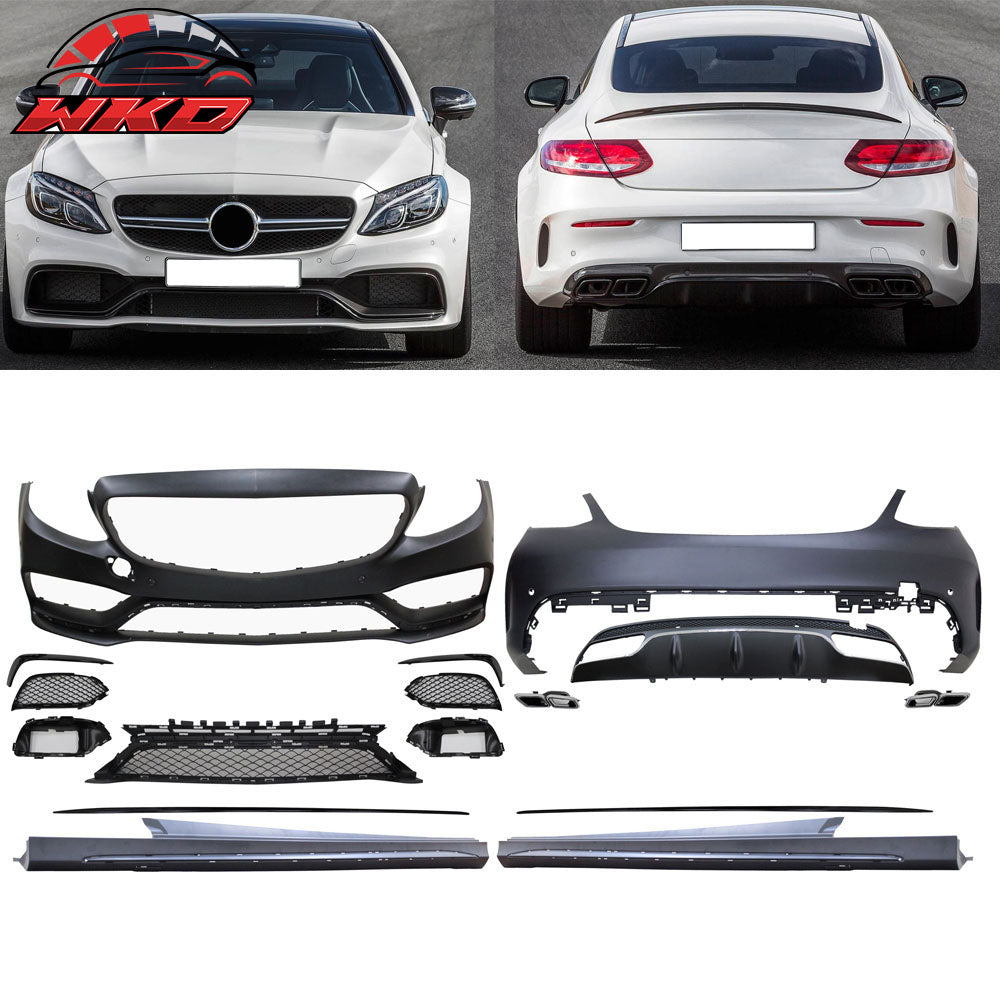 Fits 15-16 W205 C63 Style Full PDC Front +Rear Bumper+Side Skirts