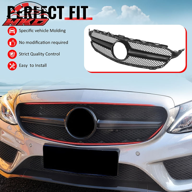 Fits 15-18 Benz C350e C450 AMG W205 C63 Style Front Upper Grille Gloss Black ABS