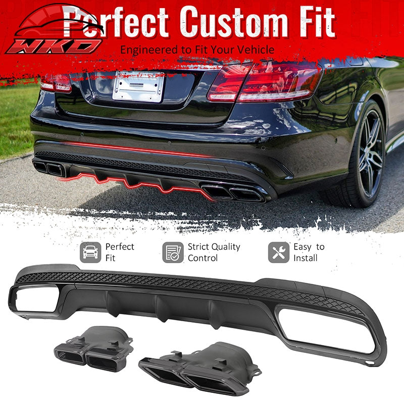 For 14-16 Benz E-Class E250 E350 E400 E63 Style Rear Diffuser Black Exhaust Tips