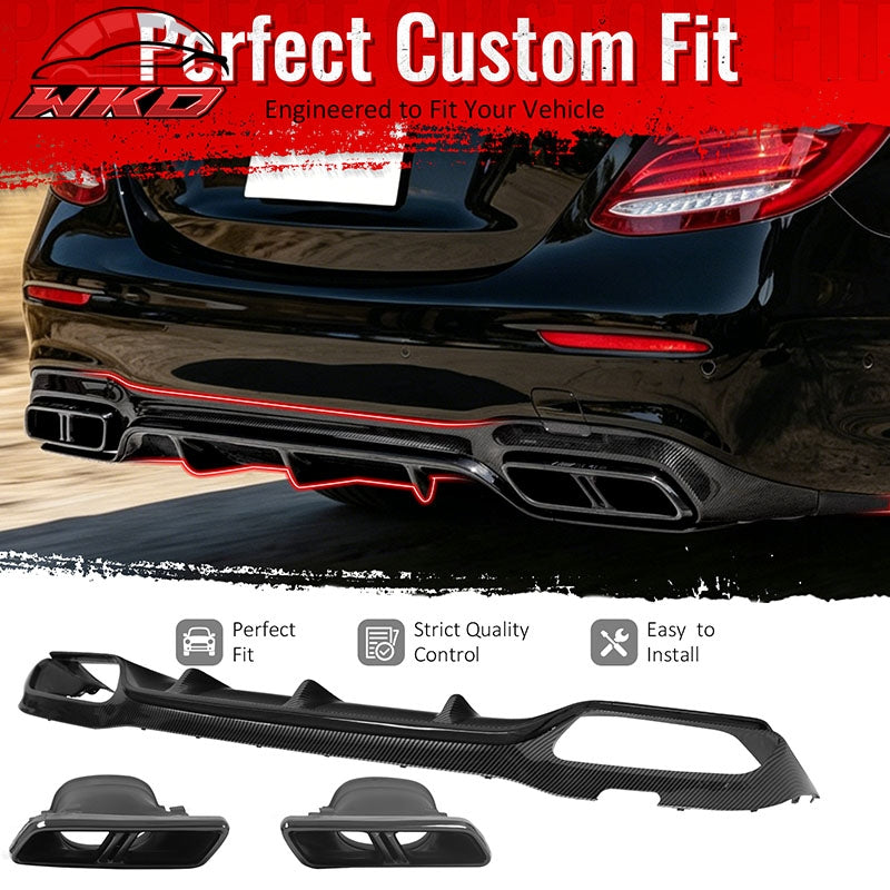 For 17-23 Benz E-Class E300 E400 E63 Carbon Fiber Print Rear Diffuser W/ Exhaust