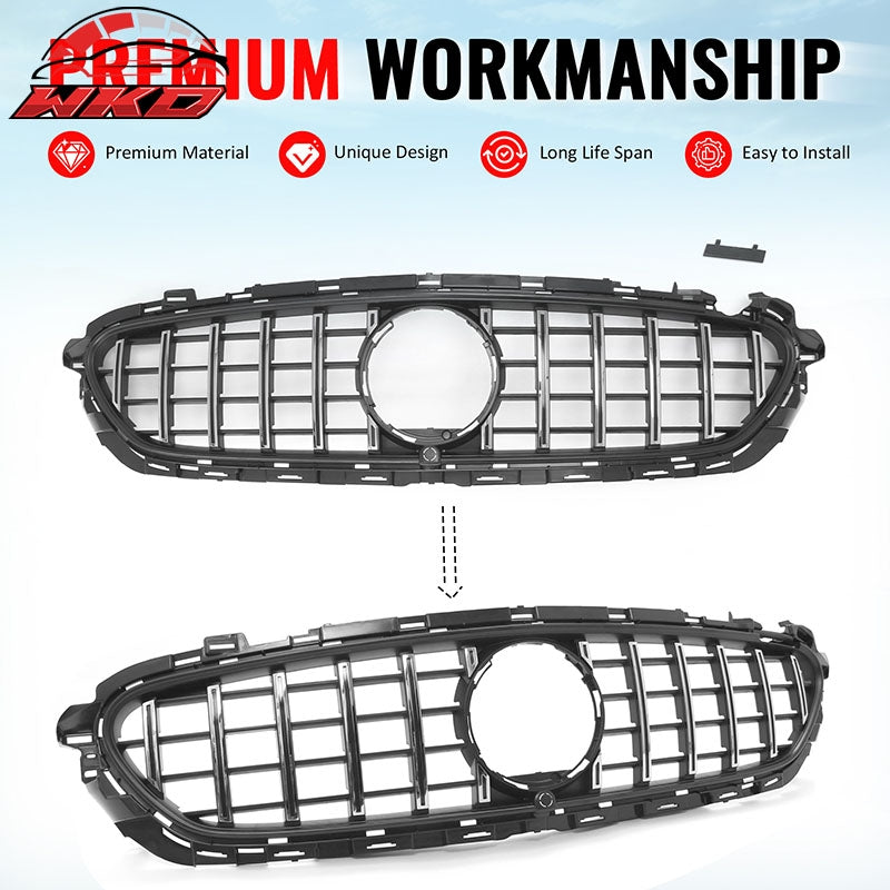 Fits 21-23 Benz E-Class E350 E450 GT Style Front Grille Unpainted & Chrome ABS