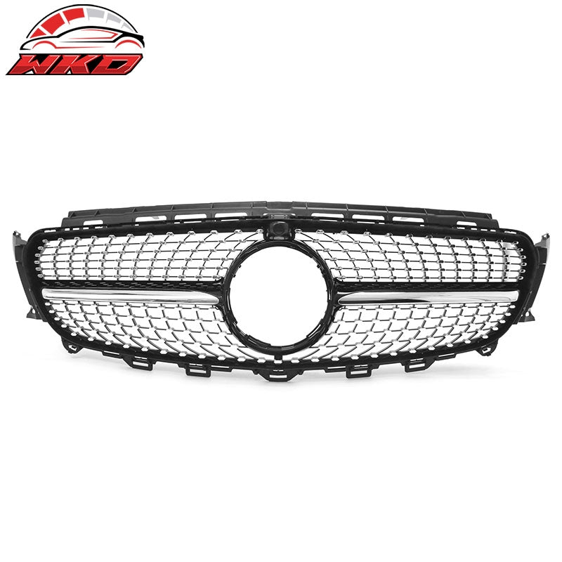 Fits 17-20 Benz E350 E400 E450 Diamond Style Upper Grille Gloss Black Chrome ABS