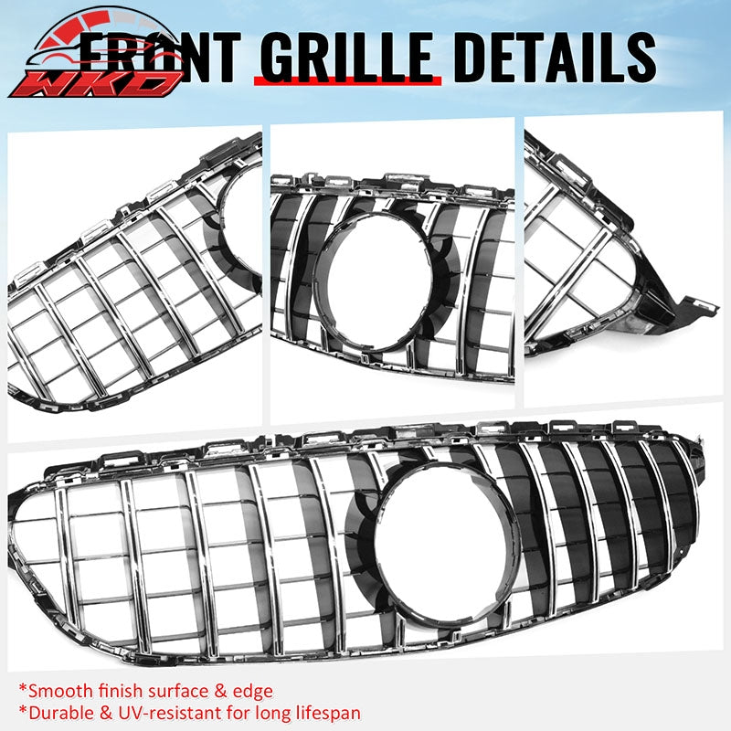 Fits 15-18 Benz W205 C-Class C63 AMG Grille GTR Style Bumper Upper Grill Silver