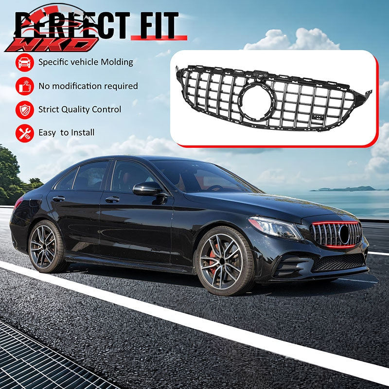 Fits 19-21 Benz W205 C300 C43 AMG GT Style Front Upper Grille Unpainted + Chrome