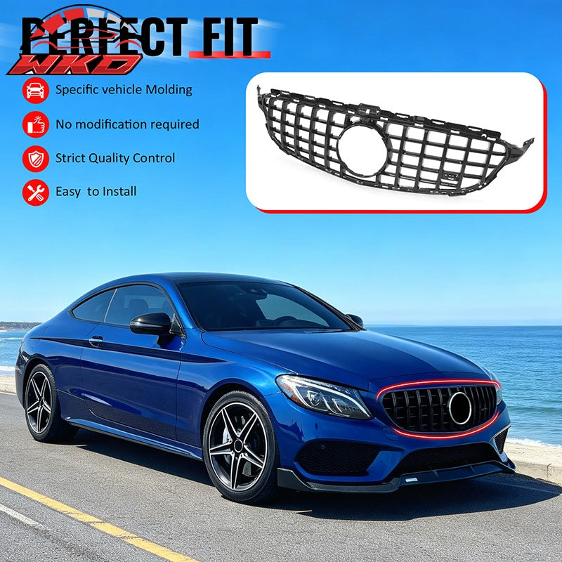 Fits 15-18 Benz W205 C350e C450 AMG GT Style Front Upper Grille Gloss Black ABS