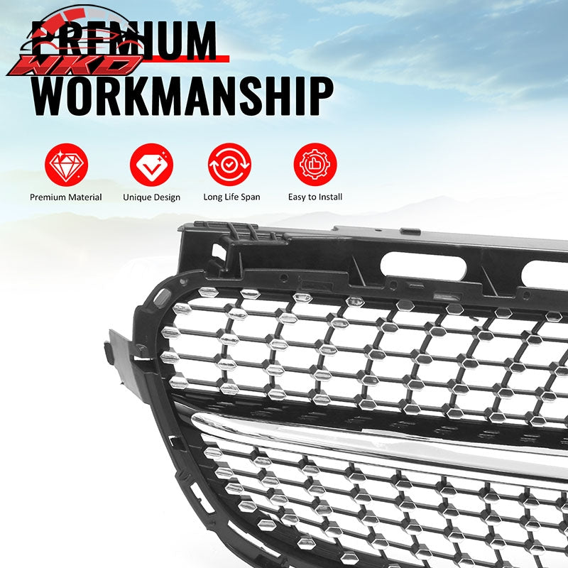 Fits 14-16 Benz W212 E350 E400 E550 Diamond Upper Grille Gloss Black Chrome ABS