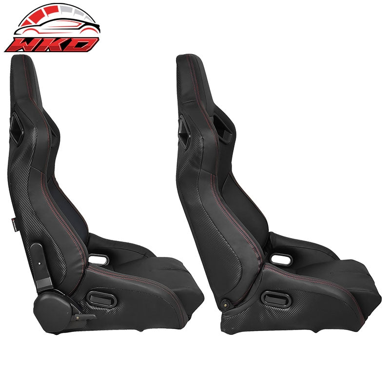 Bucket Racing Seat Universal Pair Reclinable Dual Slider Black PU Carbon Leather