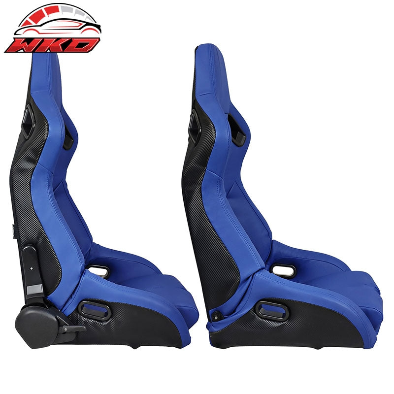 Bucket Racing Seats Universal Pair Reclinable Dual Slider Blue PU Carbon Leather