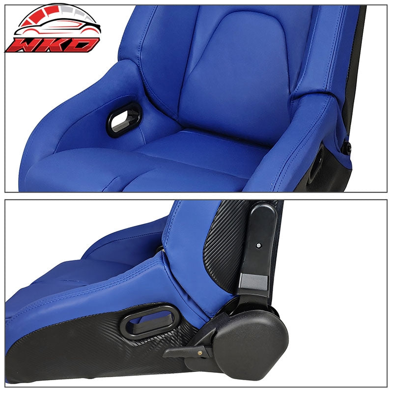 Bucket Racing Seats Universal Pair Reclinable Dual Slider Blue PU Carbon Leather