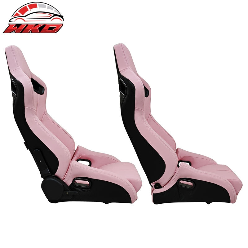 Bucket Racing Seats Universal Pair Reclinable Dual Slider Pink PU Carbon Leather