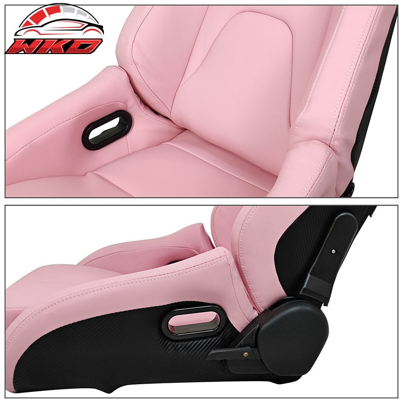 Bucket Racing Seats Universal Pair Reclinable Dual Slider Pink PU Carbon Leather