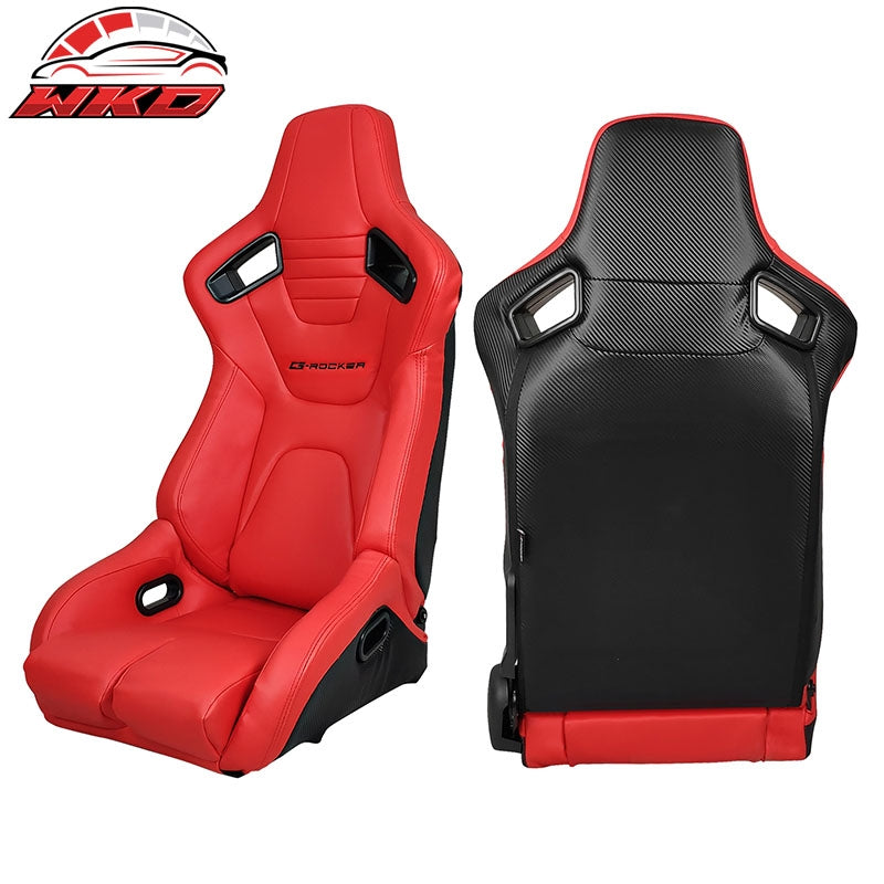 Bucket Racing Seats Universal Pair Reclinable Dual Sliders Red PU Carbon Leather