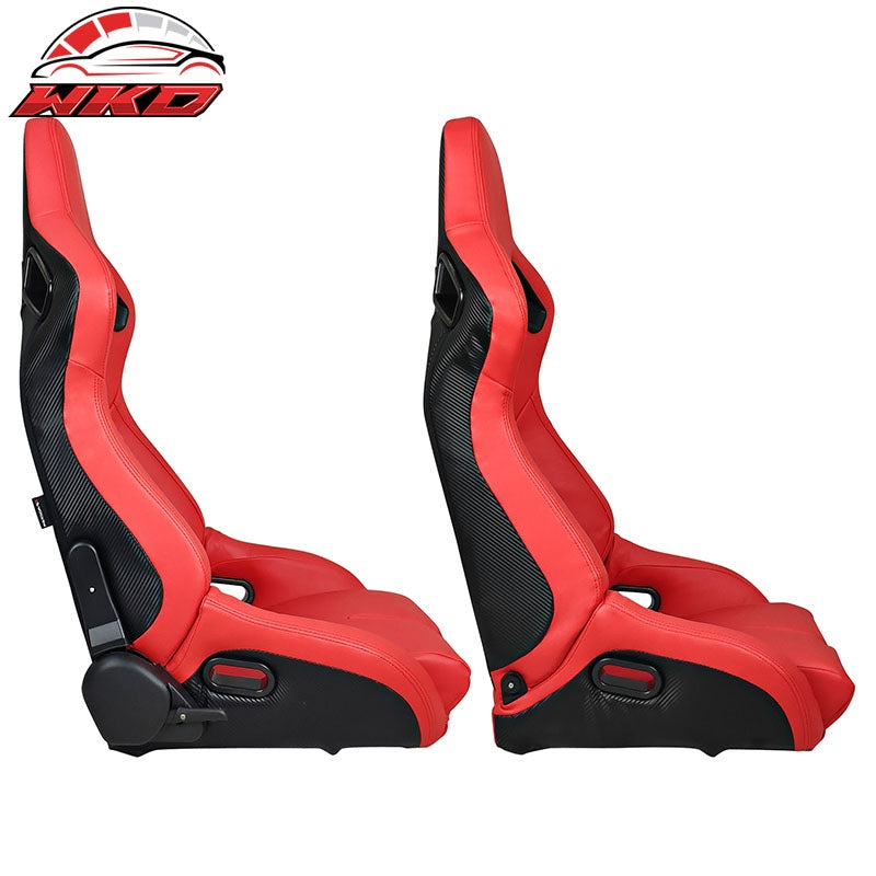 Bucket Racing Seats Universal Pair Reclinable Dual Sliders Red PU Carbon Leather
