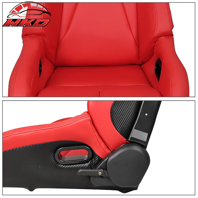 Bucket Racing Seats Universal Pair Reclinable Dual Sliders Red PU Carbon Leather