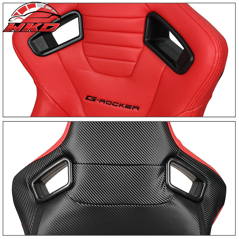 Bucket Racing Seats Universal Pair Reclinable Dual Sliders Red PU Carbon Leather