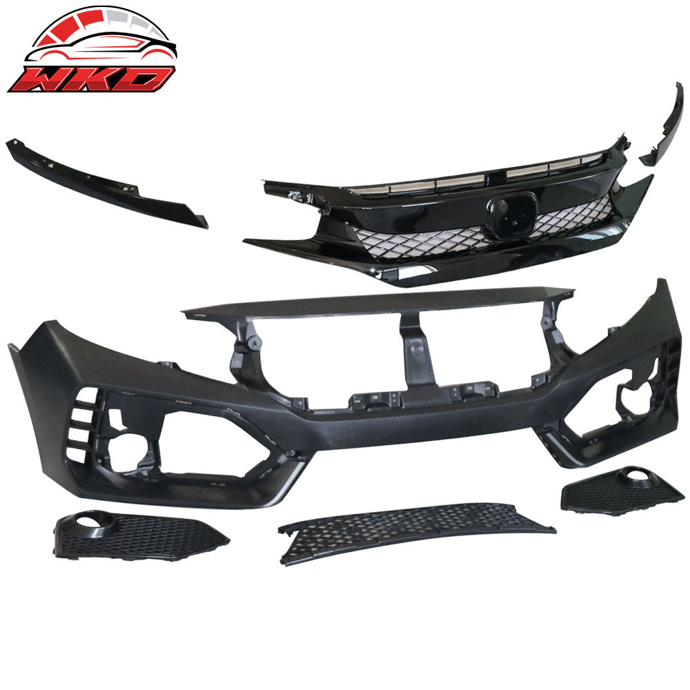 Fits 16-21 Civic Sedan Coupe Type-R Front Bumper + Grille + Lip Gloss Black