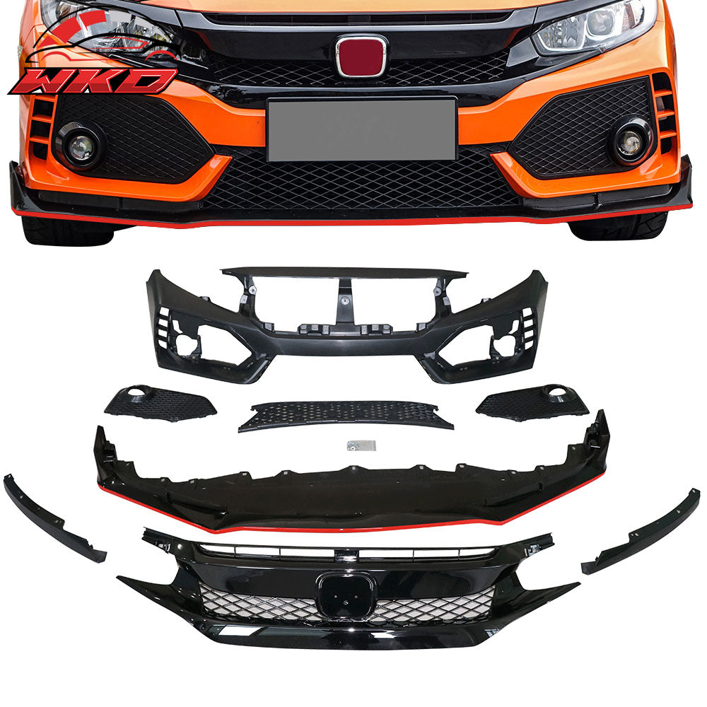 Fits 16-21 Honda Civic TR Style Front Bumper Cover + Grille + Front Lip PP