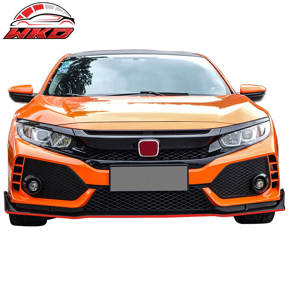 Fits 16-21 Honda Civic TR Style Front Bumper Cover + Grille + Front Lip PP
