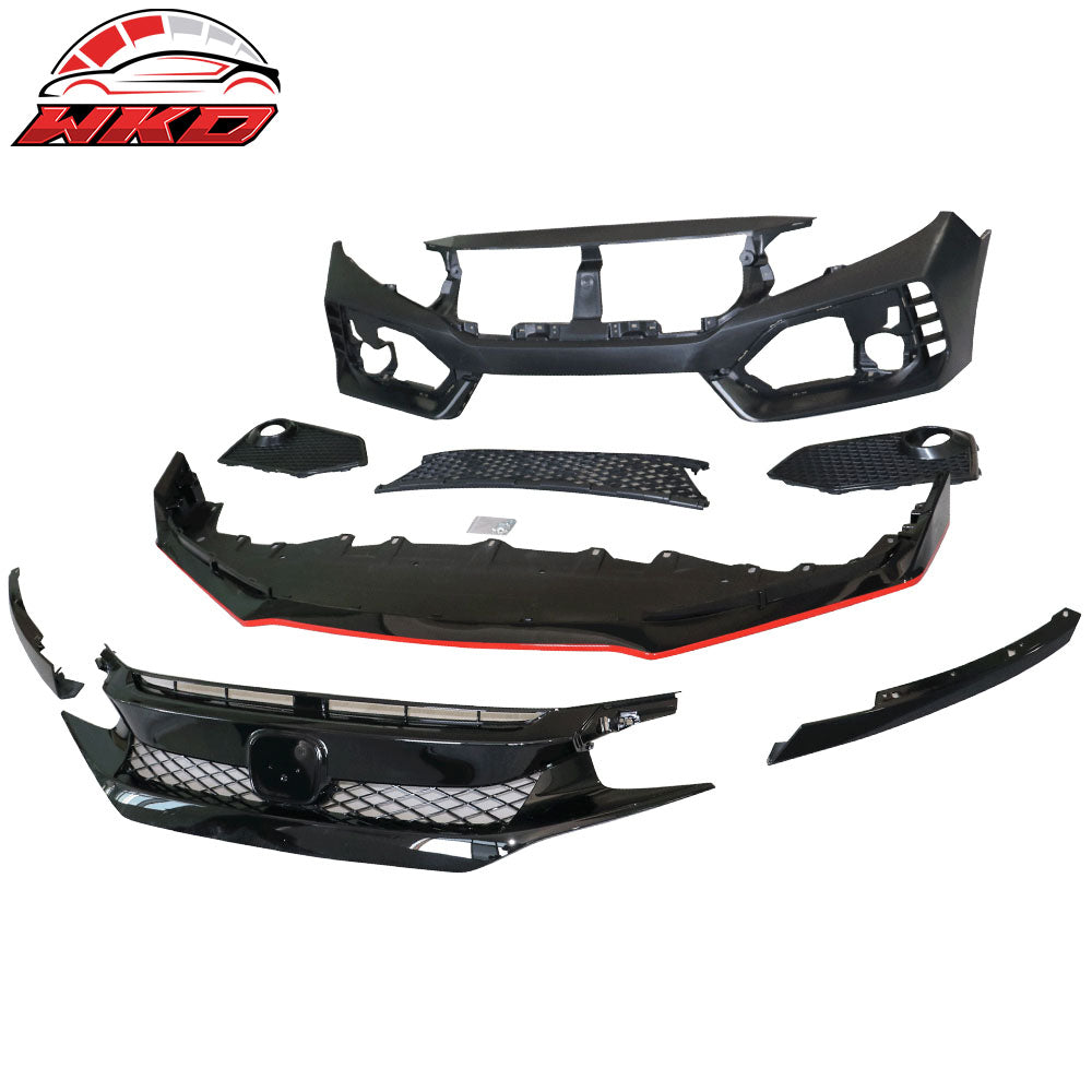Fits 16-21 Honda Civic TR Style Front Bumper Cover + Grille + Front Lip PP