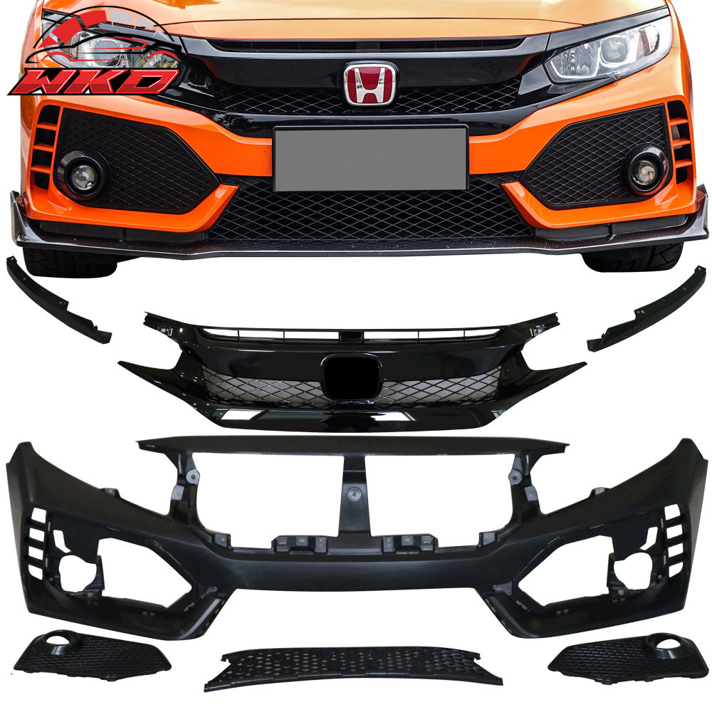 Fits 16-21 Honda Civic Type-R Style Painted Front Bumper w/ Lip Gloss Black Red