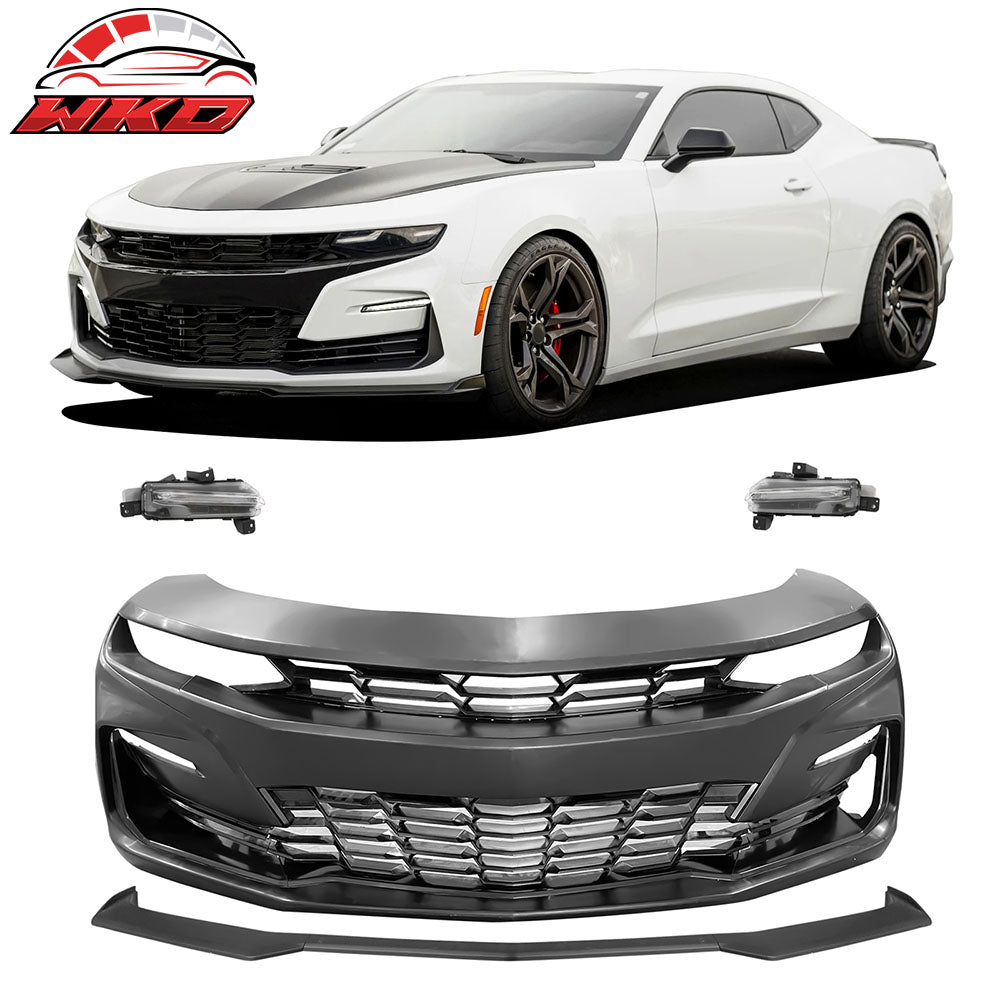Fits 19-24 Chevy Camaro 19 SS Style Front Bumper Cover LED DRL + Matte Black Lip