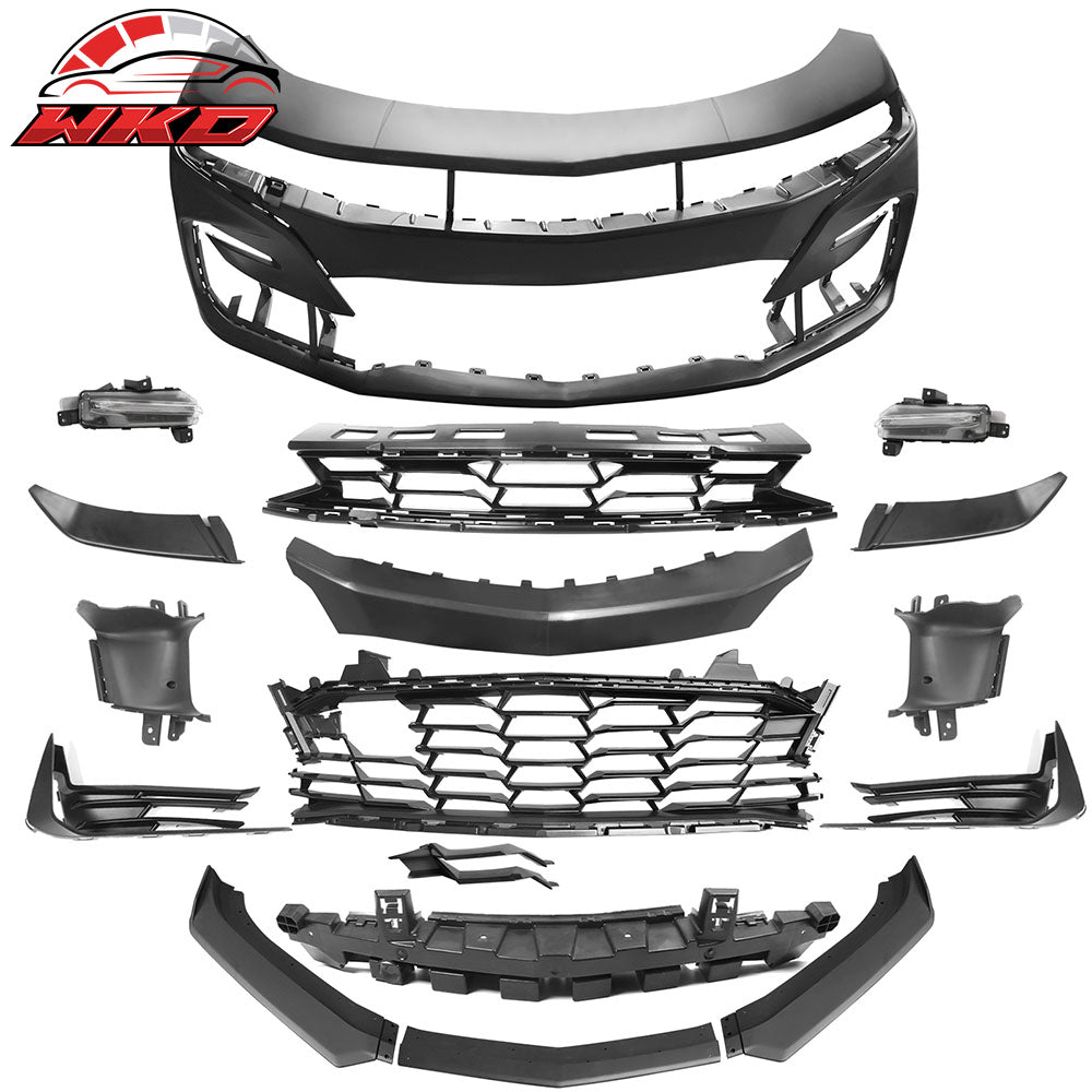 Fits 19-24 Chevy Camaro 19 SS Style Front Bumper Cover LED DRL + Matte Black Lip