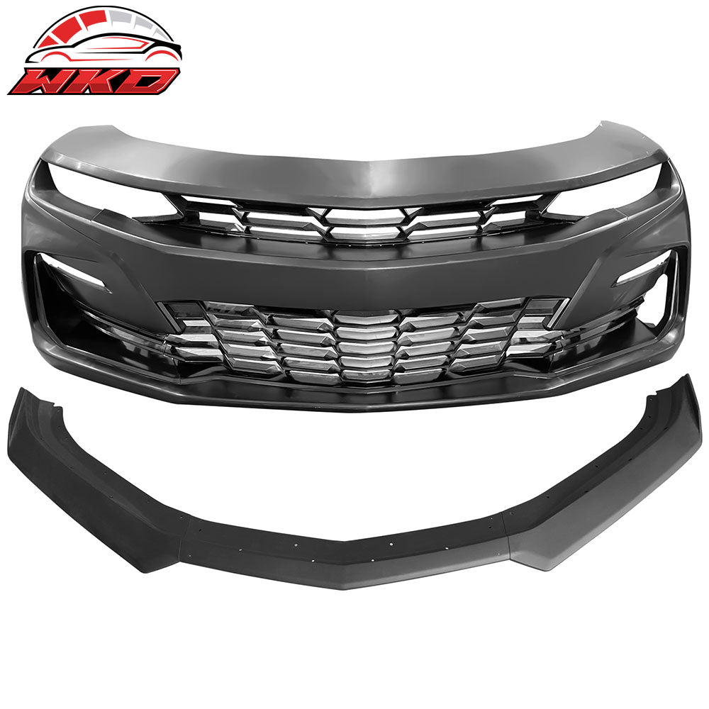 Fits 19-24 Chevy Camaro 19 SS Style Front Bumper Cover LED DRL + Matte Black Lip