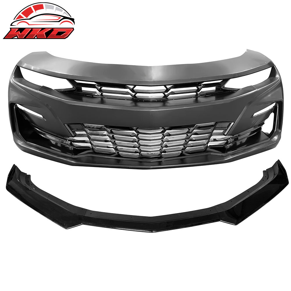 Fits 19-24 Chevy Camaro 19 SS Style Front Bumper Cover LED DRL + Gloss Black Lip