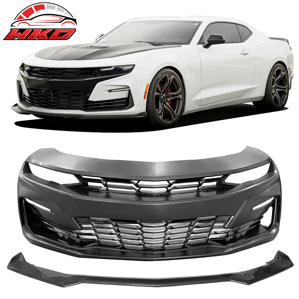 For 19-24 Camaro 19 SS Style Front Bumper Cover LED DRL + Carbon Fiber Print Lip
