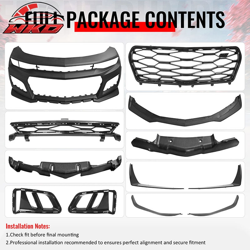 Fits 19-24 Camaro LS LT1 ZL1 Front Bumper Cover Conversion + Gloss Black Canards