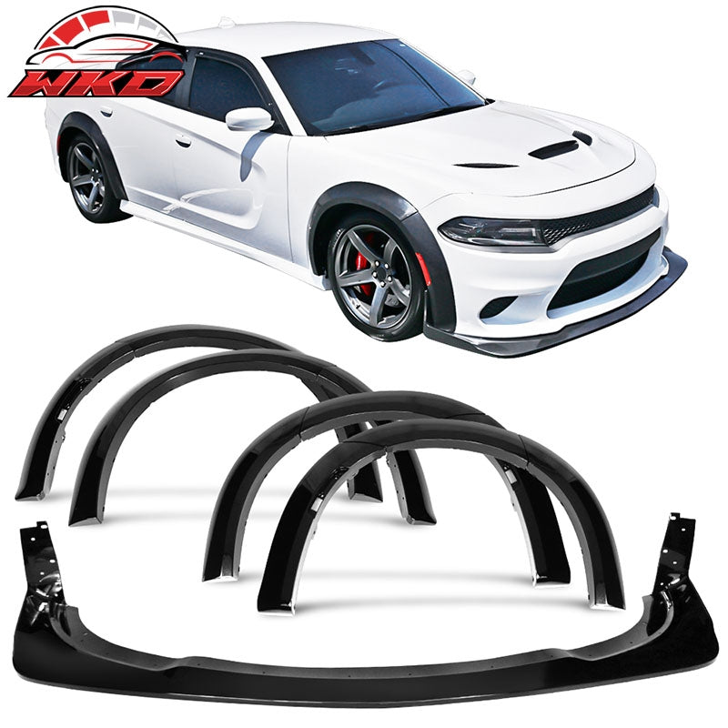 Fits 15-23 Dodge Charger Widebody Style Gloss Front Bumper Lip + Fender Flares
