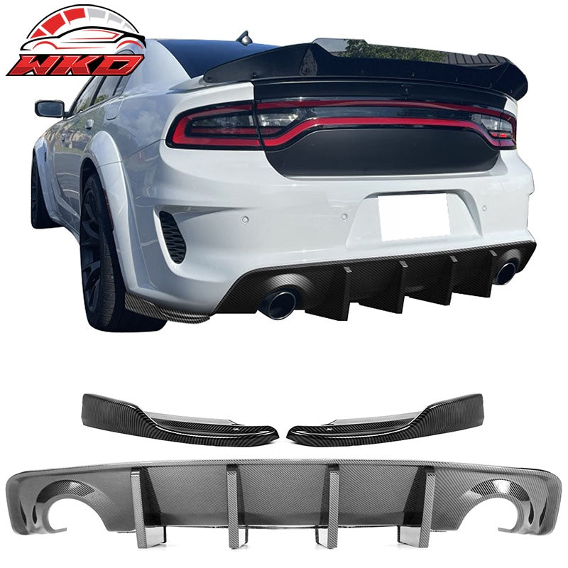 For 20-23 Charger Widebody IKON PP Carbon Fiber Print Rear Diffuser + Apron Spat