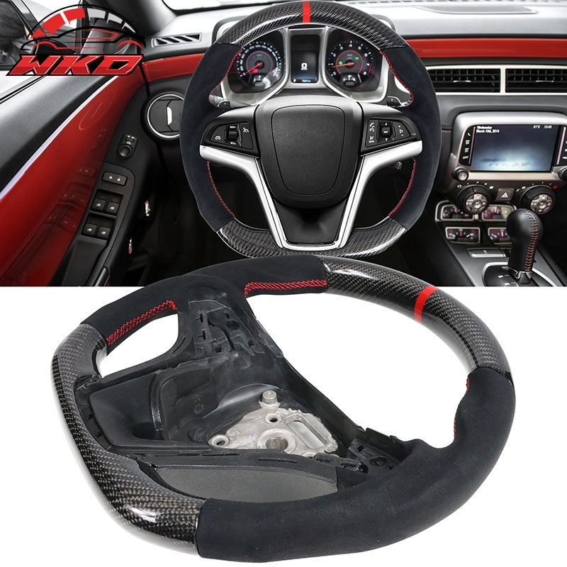 Fit 12-15 Camaro Steering Wheel Carbon Fiber Alcantara Red Stitch & Indicator