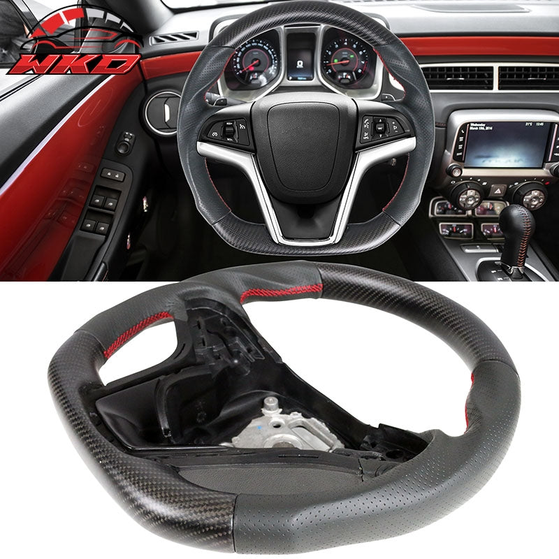 Fit 12-15 Camaro Steering Wheel Matte Carbon Fiber Red Stitch