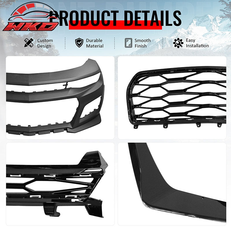 Fits 16-18 Chevrolet Camaro ZL1 Style Front Bumper Conversion Gloss Black Canard