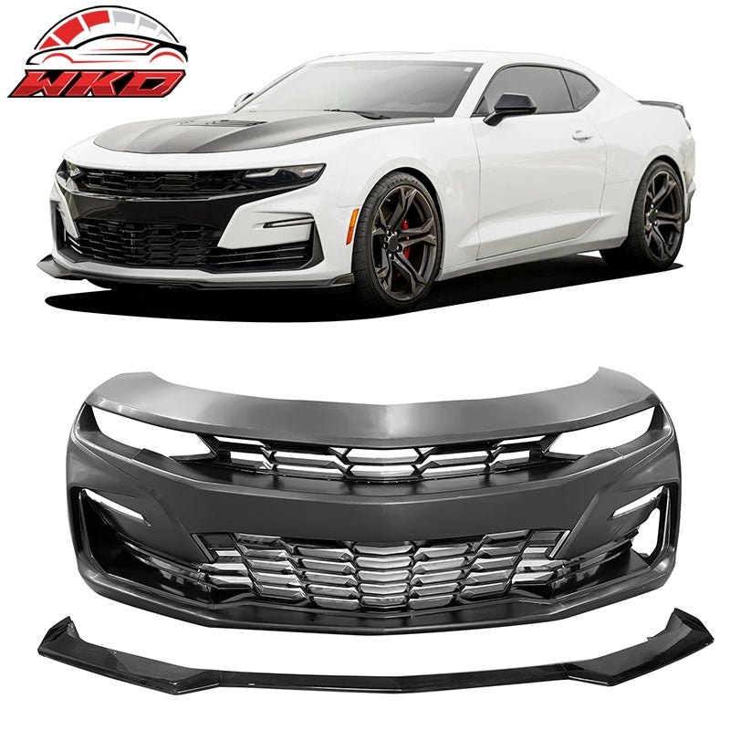 Fits 19-24 Chevy Camaro 19 SS Style PP Front Bumper Cover w/ Gloss Black 3PC Lip