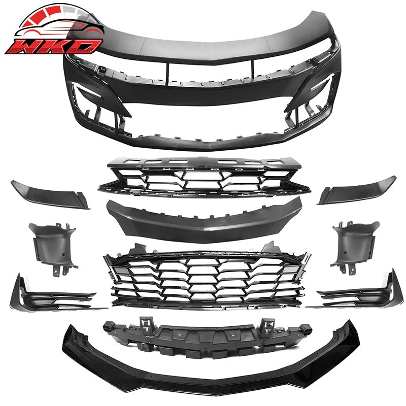 Fits 19-24 Chevy Camaro 19 SS Style PP Front Bumper Cover w/ Gloss Black 3PC Lip