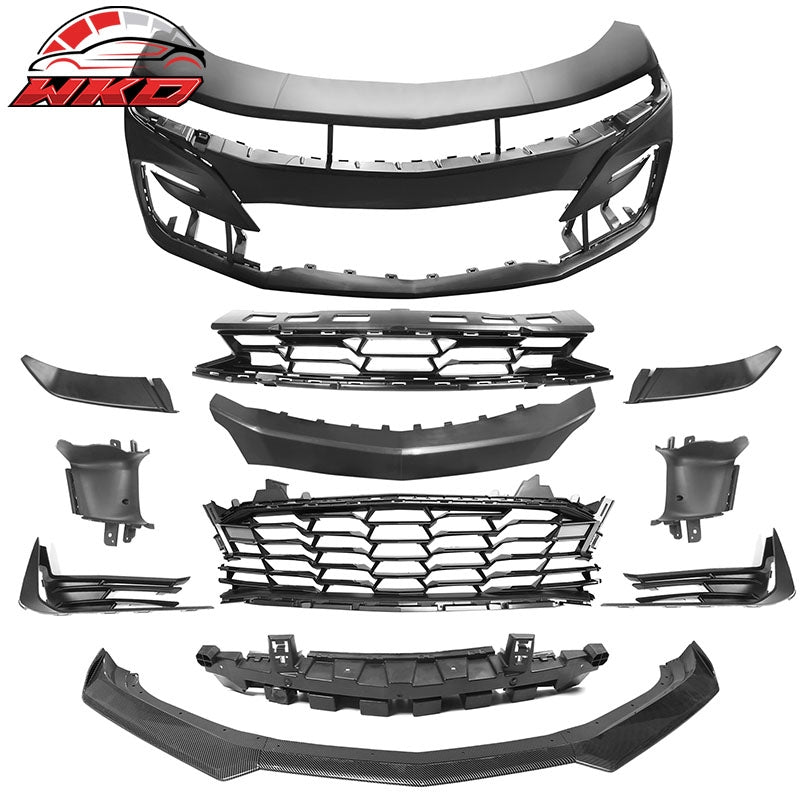 Fits 19-24 Chevy Camaro 19 SS Style Front Bumper Cover w/ Carbon Fiber Print Lip