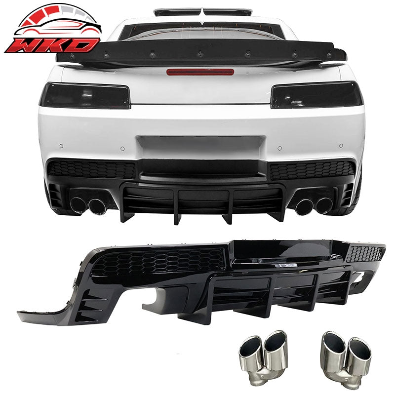 Fits 14-15 Chevy Camaro LT LS Ikon Gloss Black Rear Diffuser + Quad Exhaust Tips